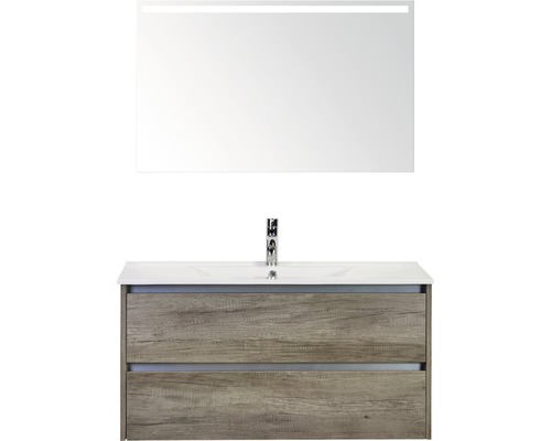 Koupelnový nábytkový set Dante 100 cm s keramickým umyvadlem Model 1 a zrcadlem s LED osvětlením dub Nebraska
