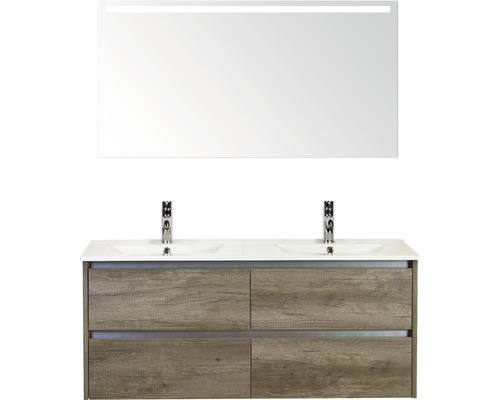 Koupelnový nábytkový set Dante 120 cm s keramickým dvojitým umyvadlem Model 1 a zrcadlem s LED osvětlením dub Nebraska