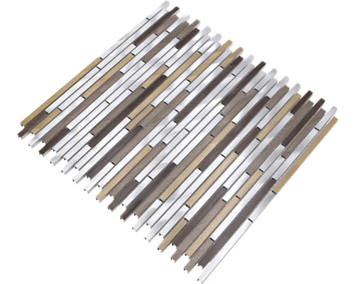 Mozaiková dlaždice s vzhledem dřeva a kovovými prvky