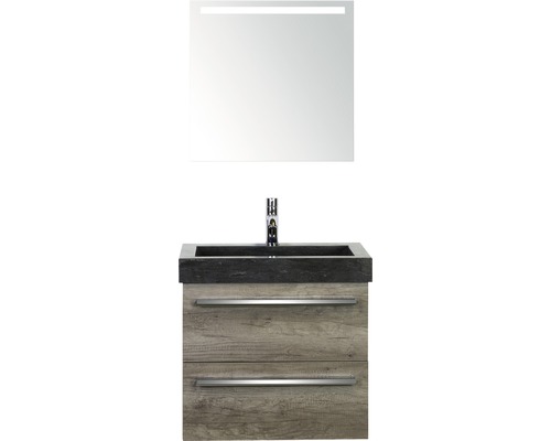 Koupelnový nábytkový set Seville 60 cm s umyvadlem z přírodního kamene a zrcadlem s LED osvětlením dub Nebraska
