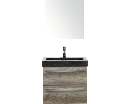 Koupelnový nábytkový set Seville 60 cm s umyvadlem z přírodního kamene a zrcadlovou skříňkou dub Nebraska