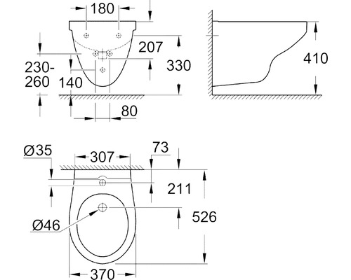 Technický nákres závěsného bidetu s rozměry.