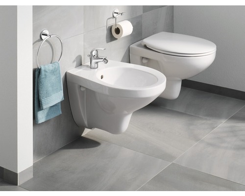 Koupelna se závěsným bidetem, toaletou, kruhem na ručníky a držákem toaletního papíru