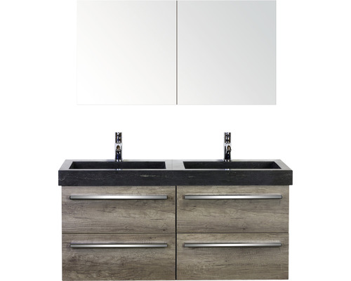 Koupelnový nábytkový set Seville 120 cm s dvojitým umyvadlem z přírodního kamene a zrcadlovou skříňkou dub Nebraska