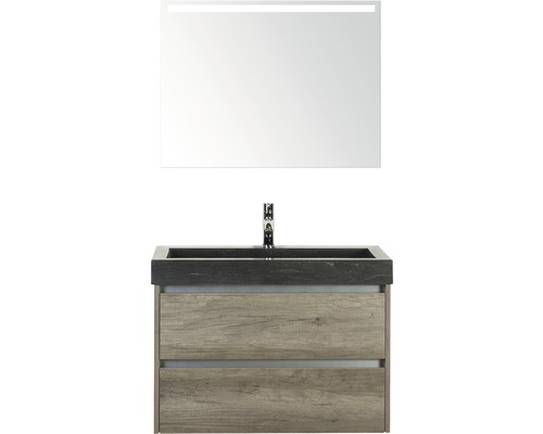Koupelnový nábytkový set Dante 80 cm s umyvadlem z přírodního kamene a zrcadlem s LED osvětlením dub Nebraska