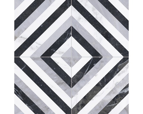 Dlažba imitace mramoru Velvet geo diamond 33,15 x 33,15 cm Vzor z černých, bílých a šedých mramorových dlaždic