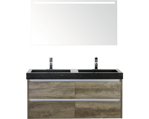 Koupelnový nábytkový set Dante 120 cm s dvojitým umyvadlem z přírodního kamene a zrcadlem s LED osvětlením dub Nebraska zrcadlo s LED osvětlením