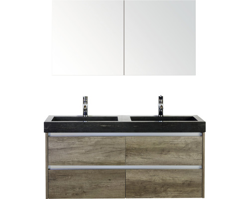 Koupelnový nábytkový set Dante 120 cm s dvojitým umyvadlem z přírodního kamene a zrcadlovou skříňkou dub Nebraska