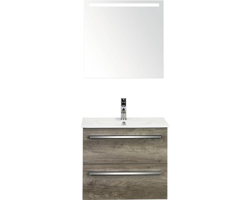Koupelnový nábytkový set Seville 60 cm s keramickým umyvadlem Model 1 a zrcadlem s LED osvětlením dub Nebraska