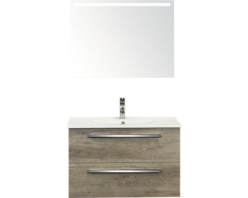 Koupelnový nábytkový set Seville 80 cm s keramickým umyvadlem Model 1 a zrcadlem s LED osvětlením dub Nebraska
