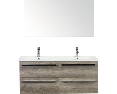 Koupelnový nábytkový set Seville 120 cm s keramickým dvojitým umyvadlem Model 1 a zrcadlem dub Nebraska