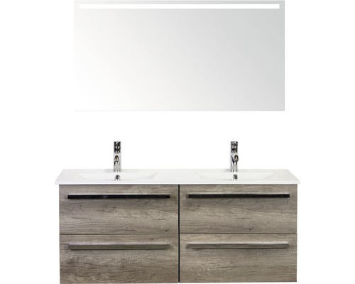 Koupelnový nábytkový set Seville 120 cm s keramickým dvojitým umyvadlem Model 1 a zrcadlem s LED osvětlením dub Nebraska