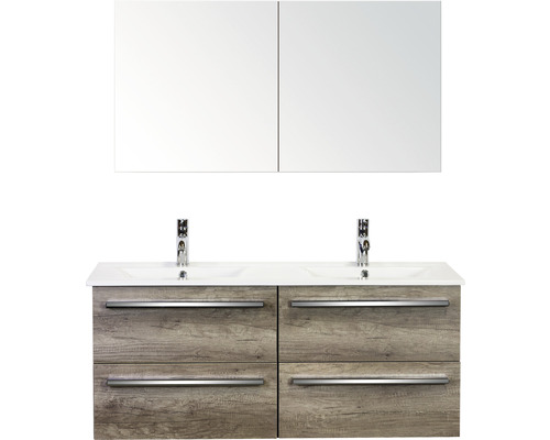 Koupelnový nábytkový set Seville 120 cm s keramickým dvojitým umyvadlem Model 1 a zrcadlovou skříňkou dub Nebraska zrcadlová skříňka