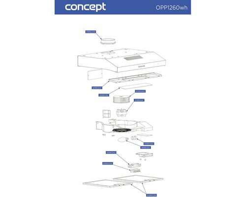 Rozkreslený nákres digestoře Concept zobrazující různé komponenty