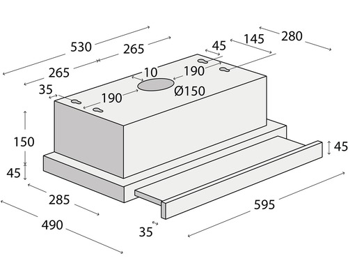 Technický výkres těla digestoře s rozměry
