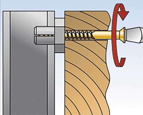 Ilustrace šroubu zašroubovaného do dřeva a kovu se šipkou směru otáčení