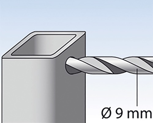 9 milimetrový vrták vrtá skrz čtyřhrannou trubku