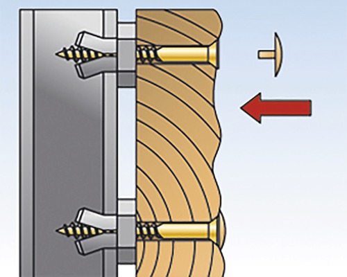 Ilustrace montáže rozpěrné hmoždinky se šroubem do dřeva a kovu