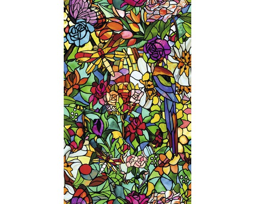 Samolepicí fólie průhledná GLASDEKOR TULIA 45x200 cm Dekorační fólie s květinami, papouškem a vážkami v designu vitráží