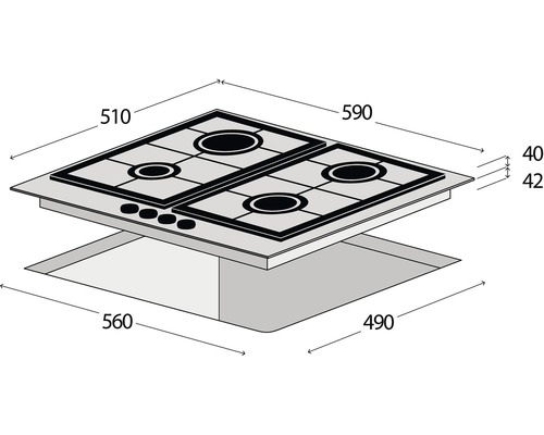 Technický výkres varné desky s rozměry.