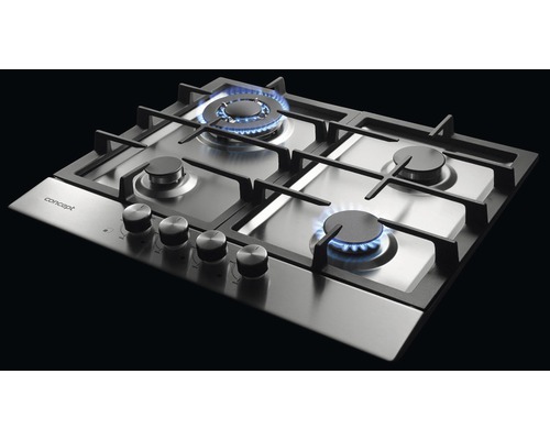 Nerezová plynová varná deska se čtyřmi hořáky a ovládacími knoflíky