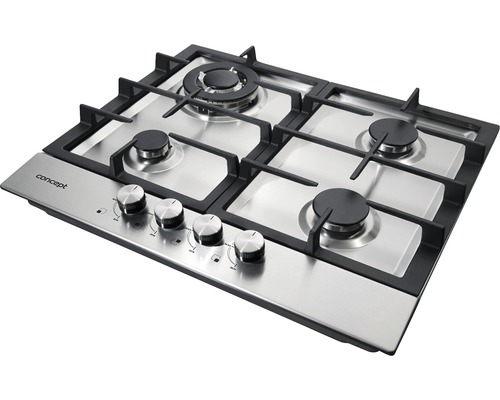 Nerezová plynová varná deska se čtyřmi hořáky a otočnými knoflíky pro ovládání.