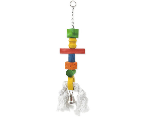 Hračka pro ptáky závěsná Bird Jewel dřevěná se zvonečkem a provazem 50 cm