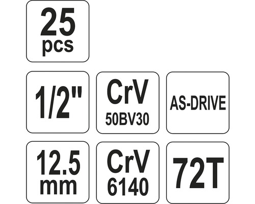 Informace o sadě nástrčných klíčů: 25 kusů, 1/2 palce, chromvanadiová ocel 50BV30, AS-Drive, 12,5 mm, chromvanadiová ocel 6140, 72 zubů