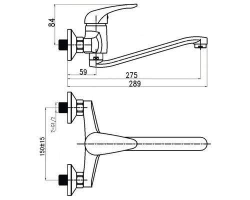 Výkres kuchyňské baterie s rozměry
