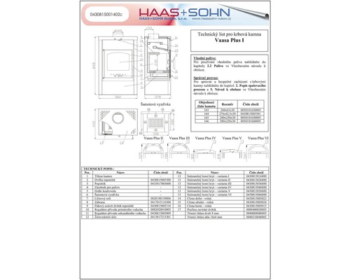 Technický nákres krbových kamen Vaasa Plus I s rozměry
