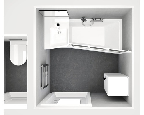 Kompaktní design koupelny s toaletou, umyvadlem, vanou a úložným prostorem