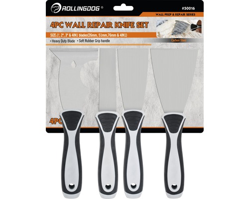 Rollingdog sada nožů na opravu stěn, 4 kusy, s ocelovými čepelemi a gumovou rukojetí