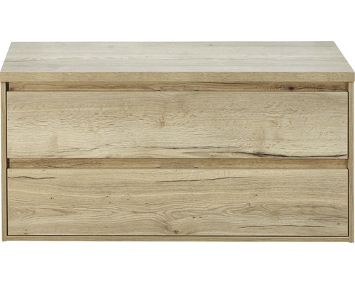 Koupelnová skříňka pod umyvadlo Porto 120 cm s umyvadlovou deskou dub přírodní Skříňka pod umyvadlo v barvě dřeva se dvěma zásuvkami