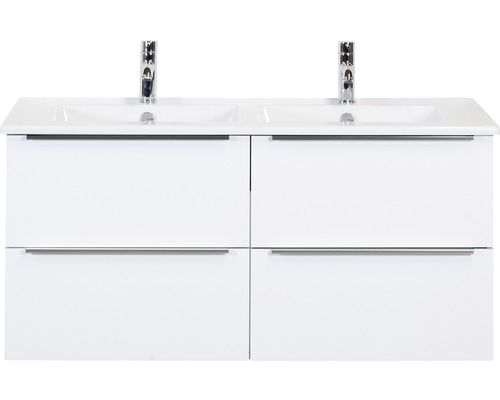 Koupelnový nábytkový set Pulse 120 cm s keramickým dvojitým umyvadlem 4 zásuvky bílá vysoce lesklá