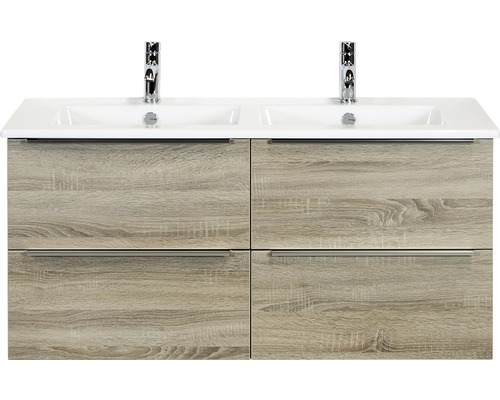 Koupelnový nábytkový set Pulse 120 cm s keramickým dvojitým umyvadlem 4 zásuvky dub šedý