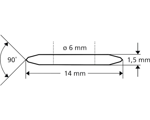 Technický výkres s rozměry: průměr 6 mm, délka 14 mm, výška 1,5 mm, úhel 90 stupňů