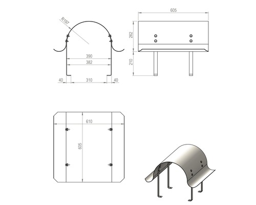 Technický výkres kovového výrobku s rozměry