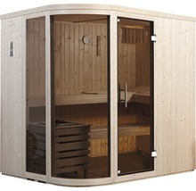 Dřevěná sauna se skleněnými dveřmi a interiérem