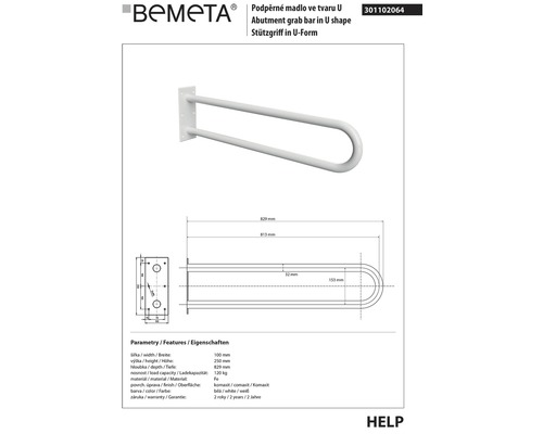 Podpěrné madlo ve tvaru U s rozměry