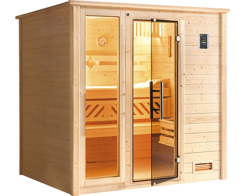 Dřevěná sauna s prosklenými dveřmi