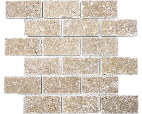 Kamenná mozaika cihla Inula Noche starožitná hnědá 30,6x30,6 cm Travertinová mozaiková dlaždice ve formátu cihel