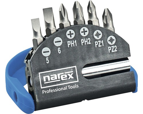 Logo Narex. Sada bitů s různými nástavci šroubováků.