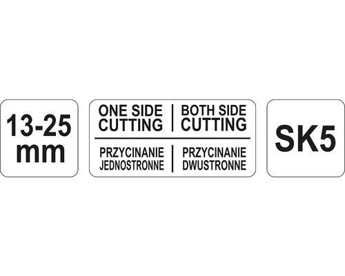 Symbol pro šířku řezu 13 až 25 milimetrů, jednostranný a oboustranný řez a ocel SK5