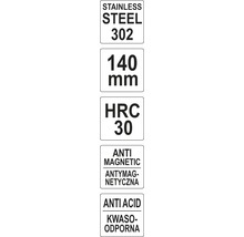 Informace o nerezové oceli 302, délka 140 mm, HRC 30, antimagnetická a kyselinovzdorná