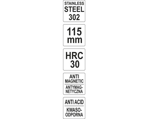 Informace o nerezové oceli 302, 115 mm, HRC 30, antimagnetické a kyselinovzdorné