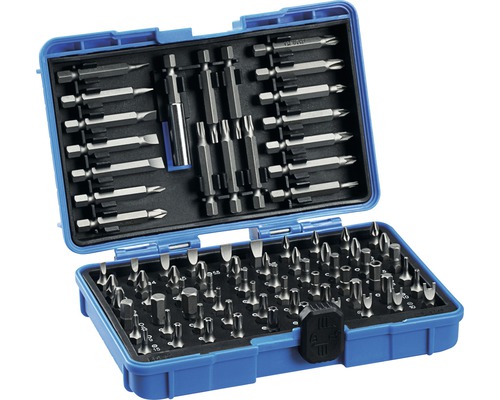 Sada bitů v modrém plastovém kufříku s různými šroubovacími bity