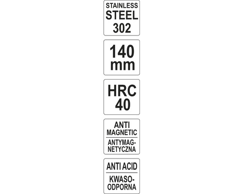 Informace o nerezové oceli 302, 140 mm, HRC 40, antimagnetické a kyselinovzdorné