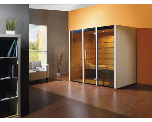 Interiér pokoje se saunou se skleněnými dveřmi a dřevěným obložením