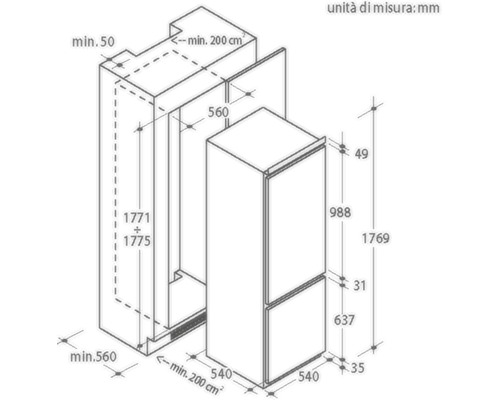 Rozměrový výkres chladničky s rozměry v milimetrech.