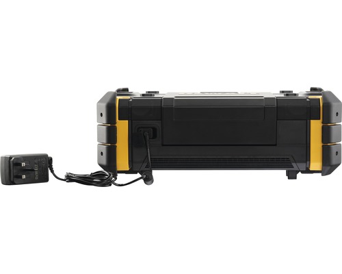 Stavební rádio s napájecím zdrojem zezadu